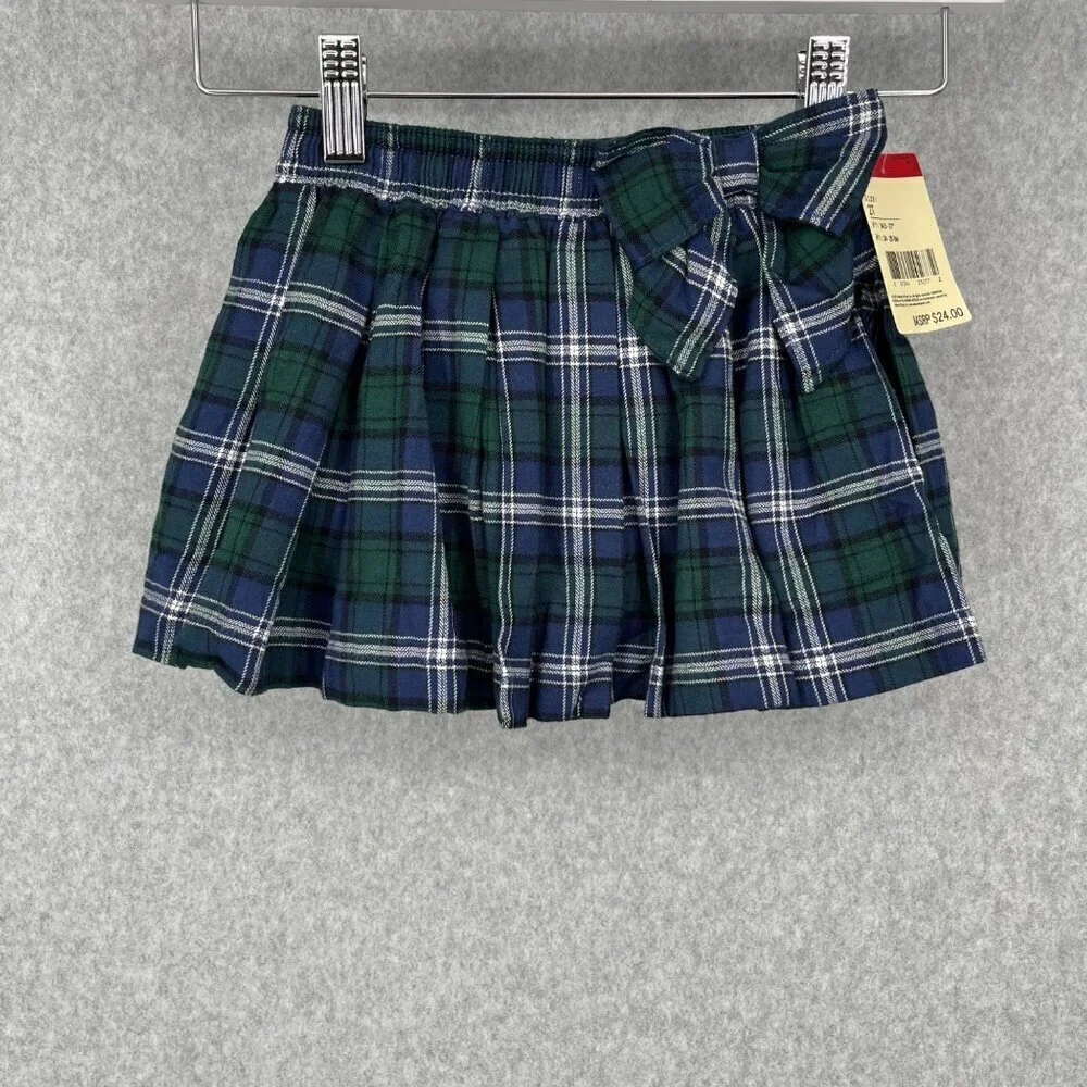 OshKosh Toddle Girls Pleated Plaid Bow Skirt Skort Size 2T Blue Green Tartan NEW